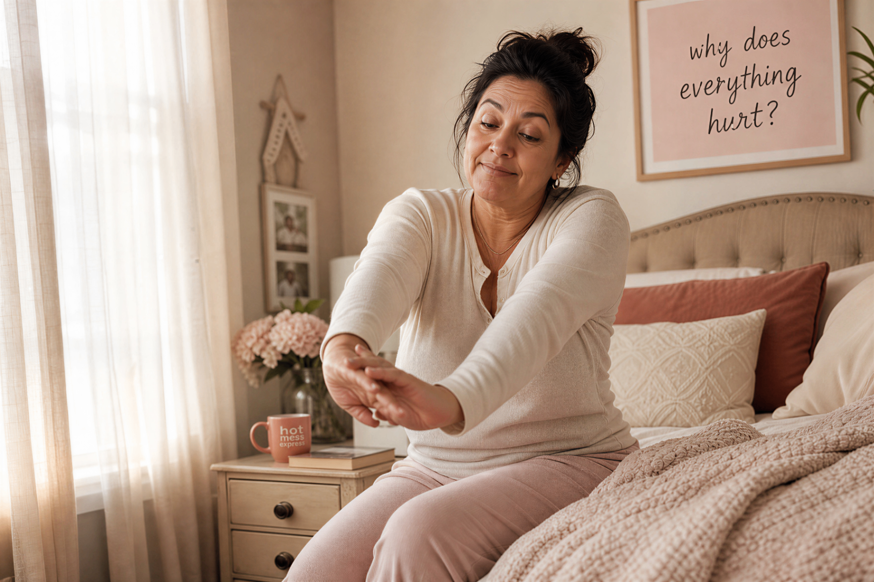 South Asian woman sitting at her bedside stretching her hands in the morning light.