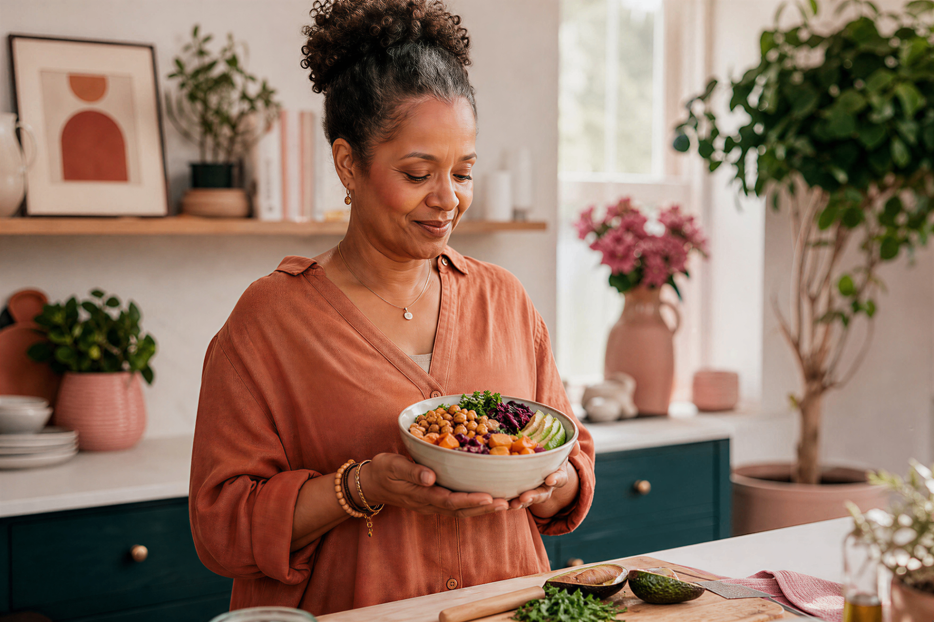Black woman standing mindfully in a kitchen holding a colorful bowl of food.