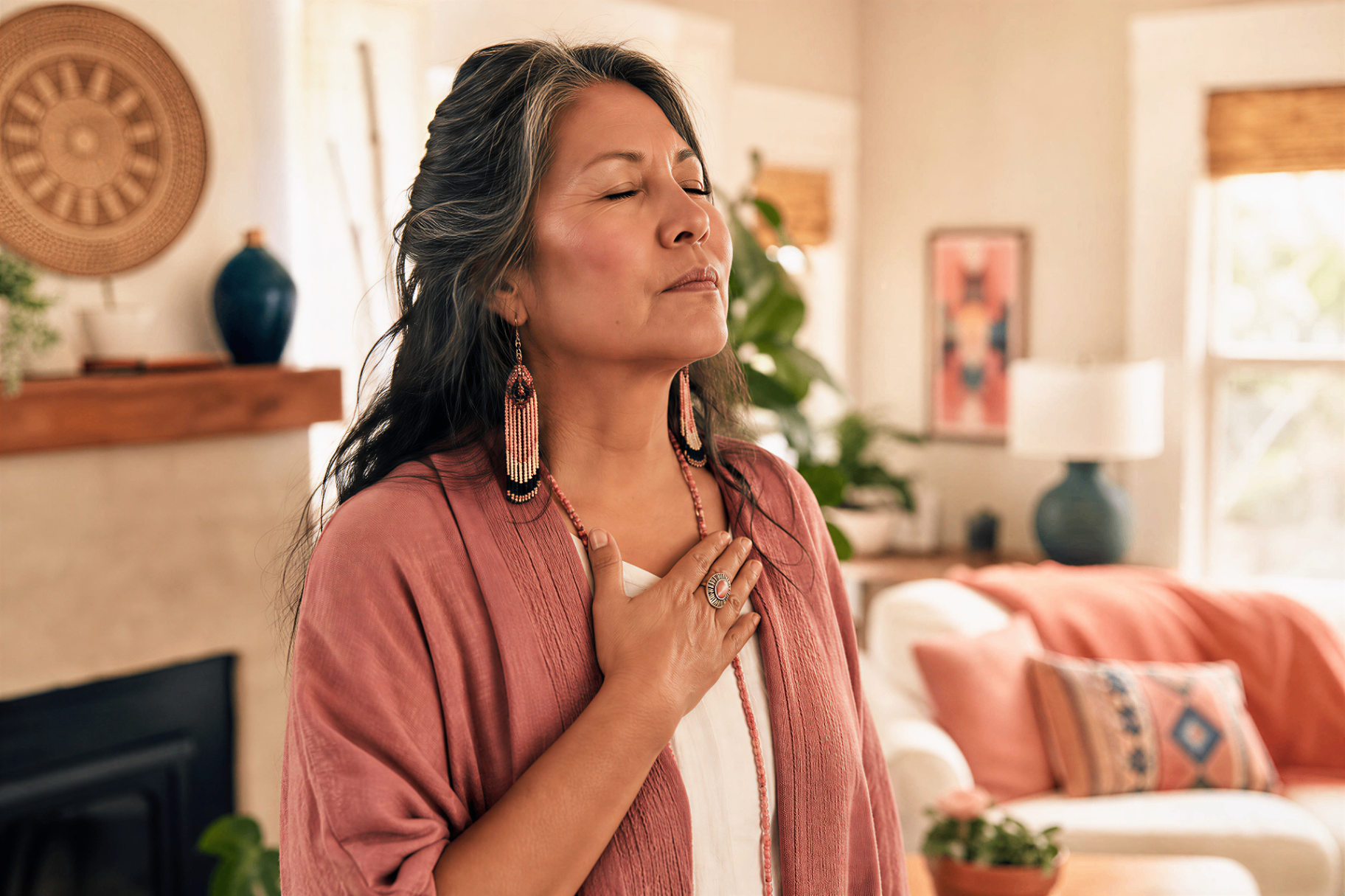 Indigenous woman with her hand to her chest taking a deep breath in a softly lit living room.