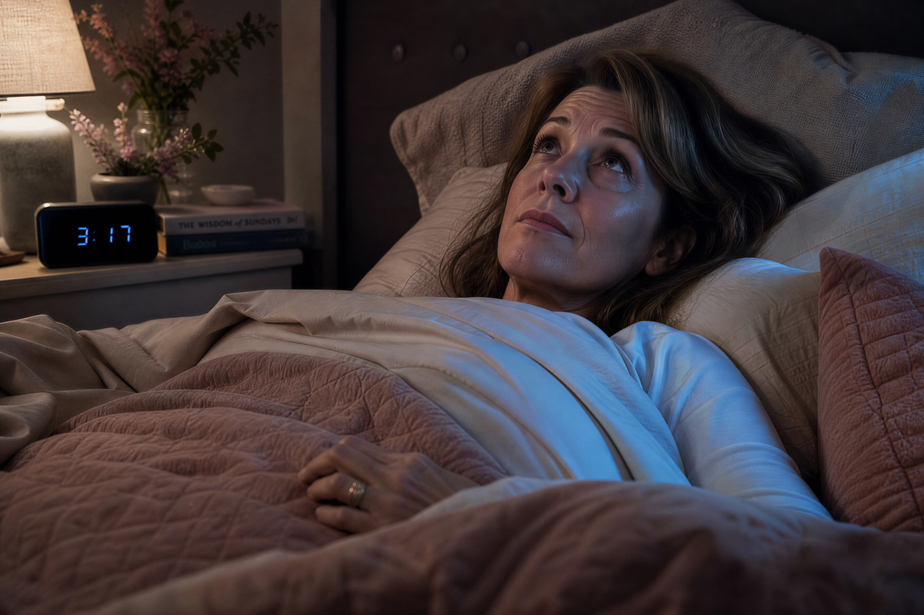 White woman lying awake in bed at 3:17 a.m. looking toward the ceiling.