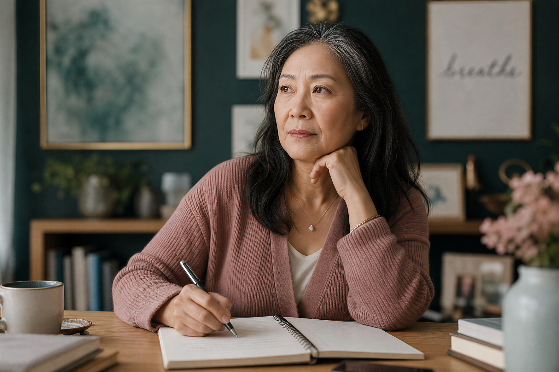 East Asian woman pausing mid-sentence at a sunlit desk with an open journal, experiencing menopause brain fog.